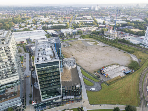 An aerial view of a the Media City site including vacant plot