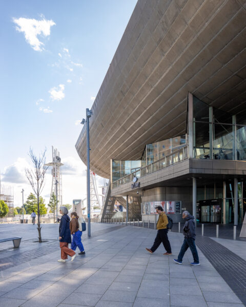 Pedestrians outside a building