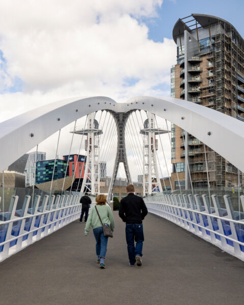 Pedestrians walking along bridge