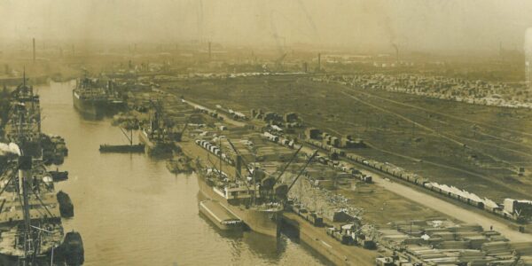 Historical photo of a ship in a the original port in Salford, UK